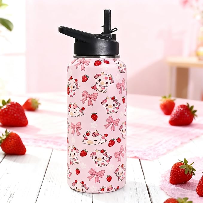 32oz Strawberry Cow Stainless Insulated Aater Water Bottle with Straw Gym Hiking Sports Coffee Mug Cup Water Bottles,Penguin Gifts for Women,Strawberry Cow Decor Stuff Accessories