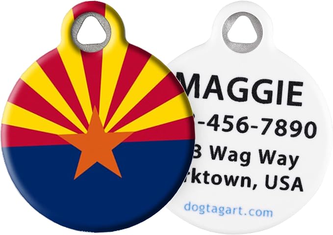 Arizona State Flag Personalized Pet ID Tag for Dogs and Cats, Silent Polymer Coated Stainless Steel Arizonan Flag Nametag - Large 1.25" Diameter