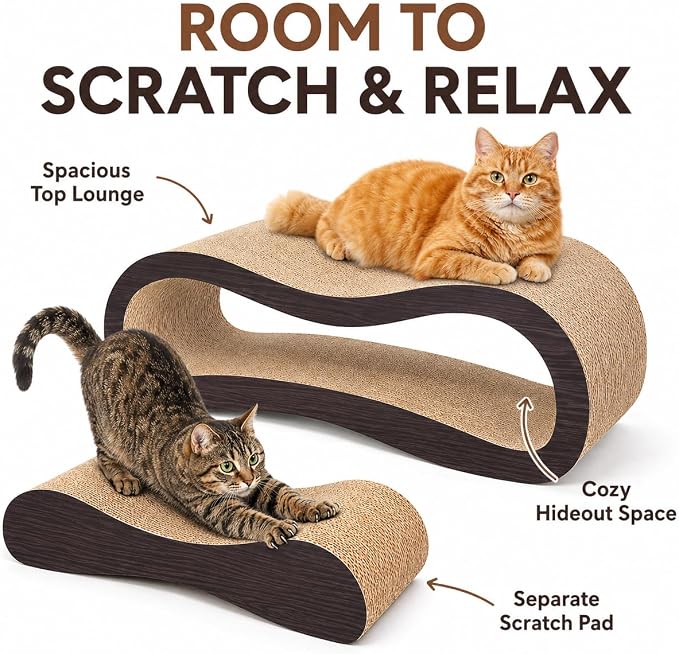 2 in 1 Large Cardboard Cat Scratcher Lounger，Cat Scratching Board for Indoor Cats,100% Recyclable&Reversible Horizontal Scratching Pads Prevents Furniture Damage,Brown