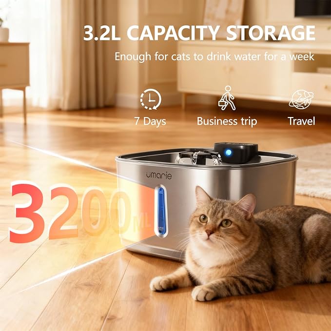 Automatic Cat Water Fountain, Wireless Pet Water Fountain Stainless Steel, Ultra Quiet Pump, Motion Sensor, Easy to Clean, USB Rechargeable, 3.2L/108oz for Multiple Cats & Small Dogs