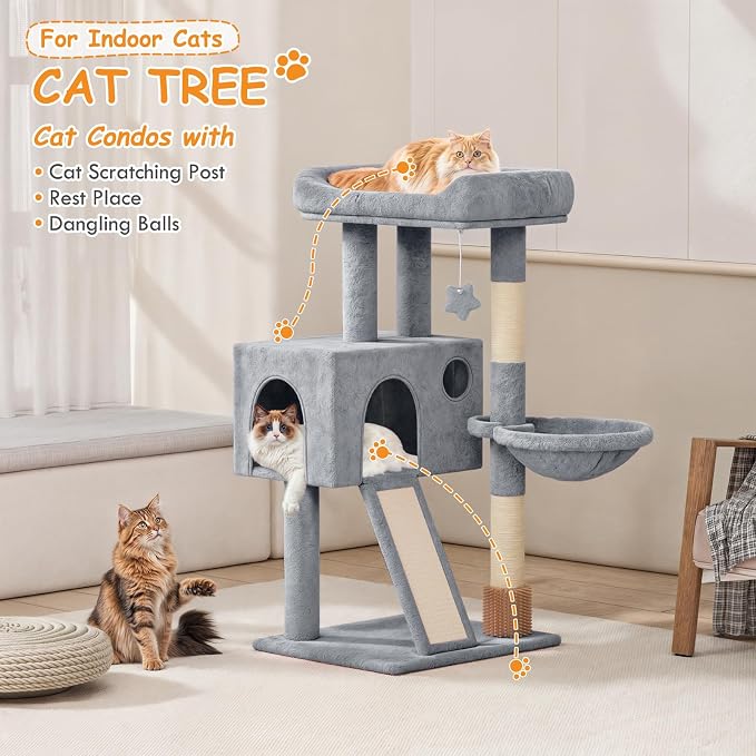 36-Inch Cat Tree Tower for Small and Medium Indoor Cats, Multi-Level Cat Furniture with Sisal Scratching Posts, Hammock, Condo & Scratching Board, Light Gray