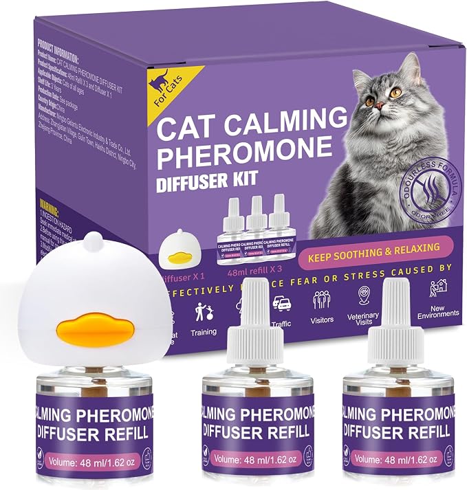 Cat Pheromone Calming Diffuser Starter Kit, 1 Plug-in Diffuser & 3 Refills (48ml Each), Up to 90 Days Supply, Helps Reduce Scratching, Urine Marking & Stress, for Multi-Cat Homes & New Environments