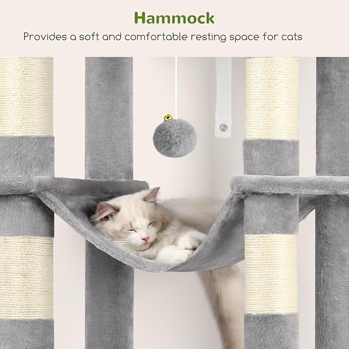 Globlazer Giant Tall Heavy Duty Cat Tower for Indoor Large Cats, F83B | XXL Multi-Level Large Cat Condo with 8 Scratching Posts, Hammock, 2 Cat Caves, 2 Platform, Light Grey