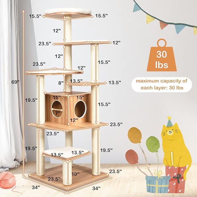 69 Inches Tall Cat Tree, Modern Wooden Cat Tower with Sisal Scratching Posts, Double-Entry Cat Condo, Multiple Jumping Platforms with Removable Soft Pads, Ideal for Indoor Cats Large Adult