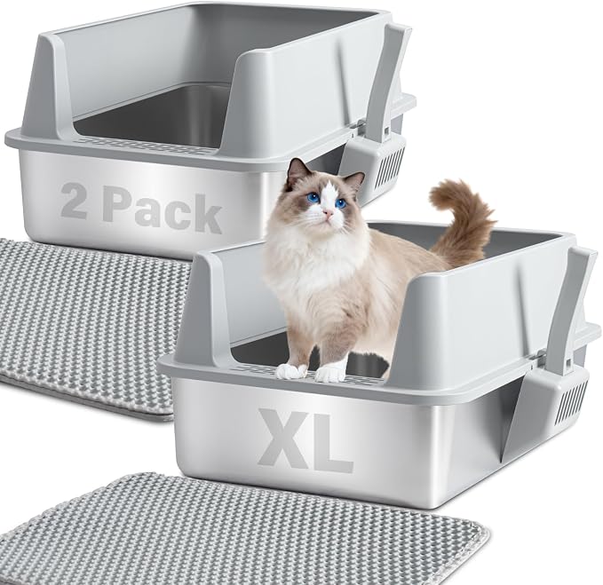 Stainless Steel Litter Box with Lid, XL Metal Litter Box 2 Pack | Extra Large Cat Litter Boxes for Big/Multiple Cats, High Sided, Easy Cleaning, No Smell, Includes Scooper and Mat
