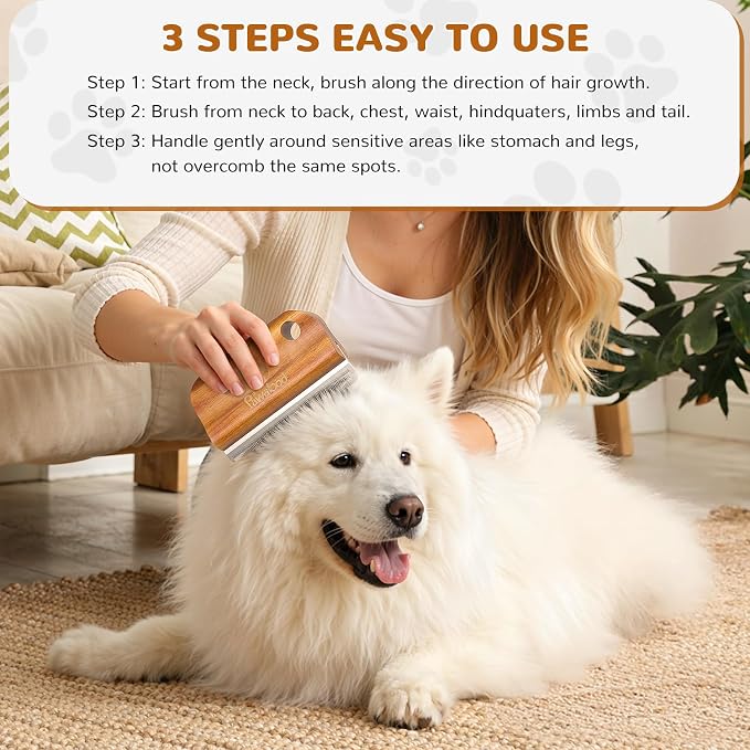 Pawaboo Deshedding Brush for Dogs & Cats, Dog Hair Removal Comb | Grooming Shedding Brush with Ergonomic Gripping for Short Hair Dogs and Cats, Hangable Pet Cleaning Comb Supplies, 5.1 Inch