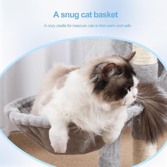 Hey-brother Cat Tree Tower with Removable Toys, Scratching Posts, MPJ008SW | 41.3 Inches Plush Cozy Condo with Platform, Hammock, Sisal Scratch Board and Ball for Indoor Cats, Light Gray