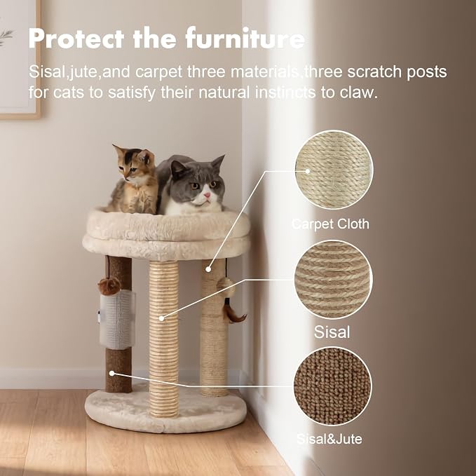MECOOL 4in1 Small Cat Tree,Scratching Post with Tower Soft Bed, Sisal Carpet Jute Posts with Three Hanging Ball Toys and Massage Brush for Indoor Cats and Kittens