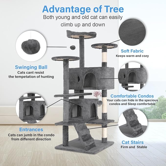 FDW | 54" Cat Tree Tower | Light Gray | Multi-Level Indoor Activity Center | with Sisal Scratching Posts, Condos, Plush Perches, Hanging Cat Toys | Sturdy, Easy to Assemble | for Kittens & Adult Cats