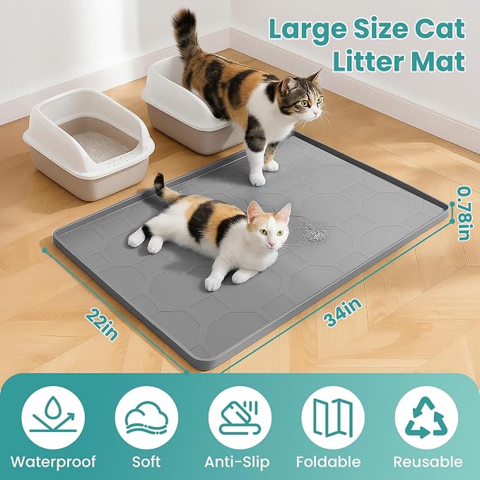 Cat Litter Box Mat, Large Silicone Cat Litter Mat, 34" X 22" Waterproof Pet Mat, Durable & Easy Clean (light gray)