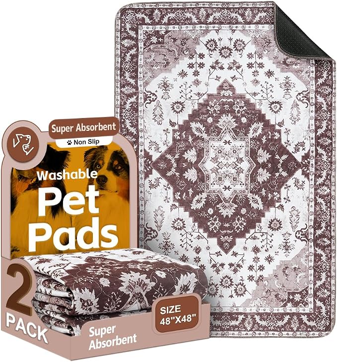 Washable Pee Pads for Dogs, 2 Pack Reusable Puppy Training Pads 48"x48" Super Absorbent Waterproof Dog Training Pads, Non-Slip Potty Pads, Whelping Pads Litter Mat Light Brown Medallion