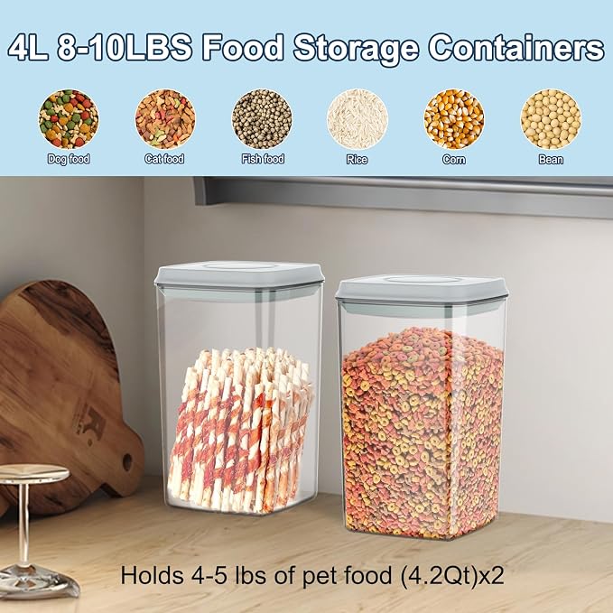 LEAWALK 4.2Qt 2Pack Airtight Dog Cat Food Storage Container and Dog Treat Containers BPA-Free, PET Clear Stackable Pet Storage Bin, 1 Cup Scoop, 1 Sponge cleaning brush, Pop Top, With handle (Grey)