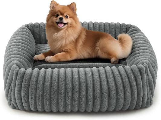 FURTIME Dog Bed for Small Medium Dog, Washable Orthopedic Pet Bed with Removable Cover, Rectangle Soft Calming Sleeping Puppy Bed Durable Pet Cuddler with Anti-Slip Bottom, Grey, M (25"x21"x7")