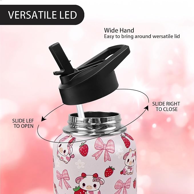 32oz Strawberry Cow Stainless Insulated Aater Water Bottle with Straw Gym Hiking Sports Coffee Mug Cup Water Bottles,Penguin Gifts for Women,Strawberry Cow Decor Stuff Accessories
