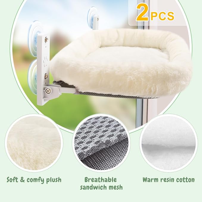 Sunhoo 2PCS Cat Window Perch Hammock Cordless Kitty Sunny Bed Seat Window Sill Shelf for Inside Cats Foldable Lounger with 4 Strong Suction Cups Soft Plush Cover 21*11.8 in Holds up to 40lbs (White)