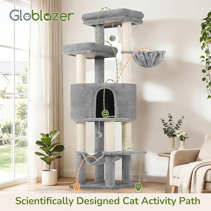 Globlazer F65D Corner Cat Tree Tower with Scratching Posts, Light Grey | 65in Multi-Level Large Cat Scratching Tower with Hammock, 6 Scratching Posts, Basket and 2 Perches for Indoor Multiple Cats