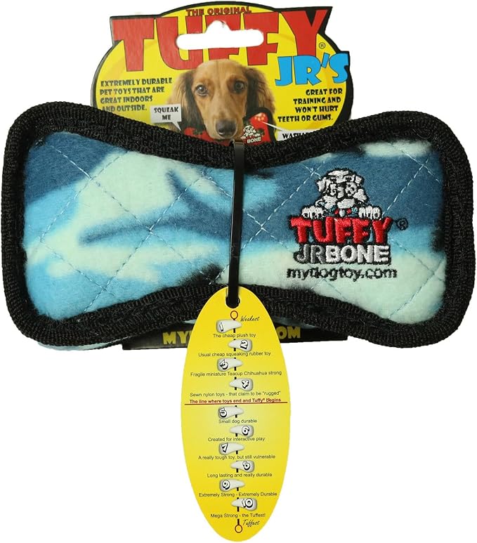 TUFFY - World's Tuffest Soft Dog Toy - Junior Bone -Squeakers -Multiple Layers. Made Durable, Strong & Tough.Interactive Play(Tug, Toss & Fetch). Machine Washable & Floats (Camo Blue, Bone2 2 Pack)