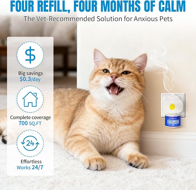 Cat Calming Pheromone Diffuser Stop Scratching Spraying 4 Refill 120 Days | Effectively Relieve Anxiety Stress, Helps Reduce Cats Urinating in House, Spraying, Fighting & Marking, 2 Diffuser+ 4 Refills