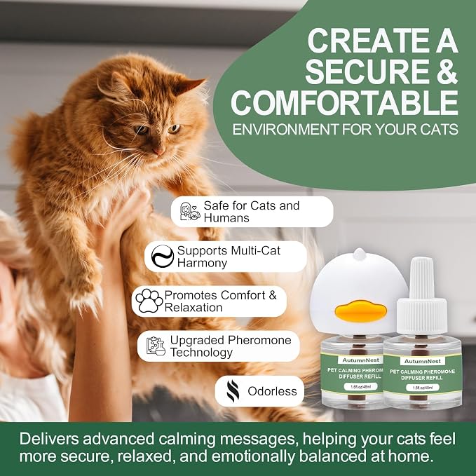 Cat Calming Pheromone Diffuser Set, 2 Diffusers + 4 Refills, 120 Days | Reduces Cat Stress, Aggression, Fighting, Marking, Meowing, Travel, Vet Visit Anxiety, Non-Toxic, Safe