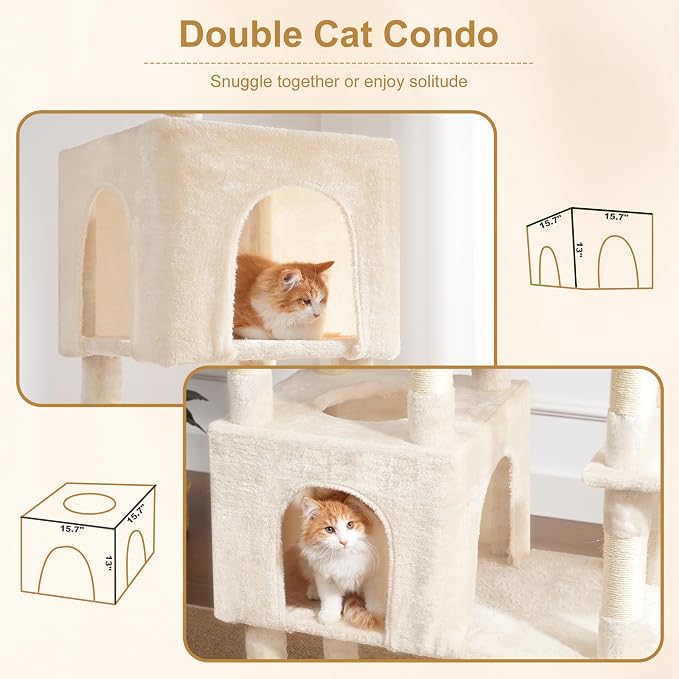 Heybly Cat Tree, 76-Inch Tall Heavy Duty Cat Tower for Big Cats HCT039M | Multi-Level Large Cat Furniture with Extra Wide Baseboard, 2 Condos & 2 Hammocks, 10 Scratching Posts, Beige