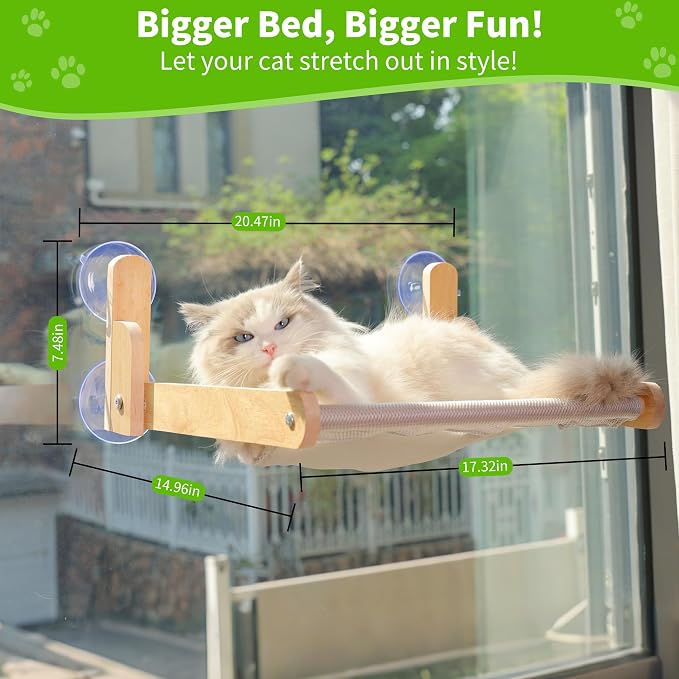 Cat Window Perch, Foldable Cat Hammock with Breathable Mesh Cover | Solid pine frame, four suction cups and removable washable mesh cover; no-drill setup, 20.47 x 14.96 in resting area.