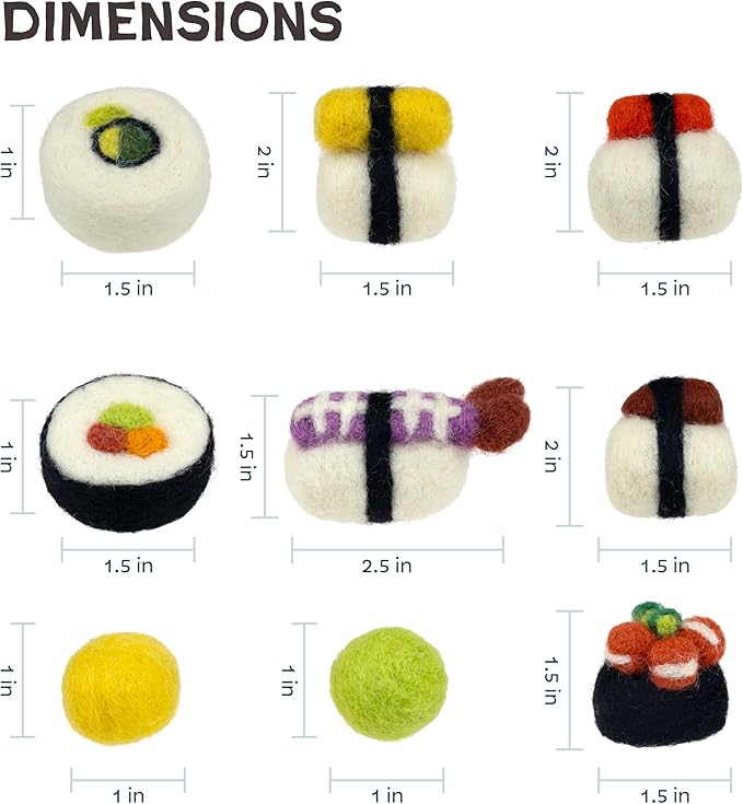 Woolbuddy Sushi Cat Toy Set – Wool Felt Interactive Toys for Indoor Cats & Kittens, Catnip-Free, Durable, Cute Enrichment Toys for Bored Cats, Natural Wool Dental & Hunting Play (Small – 9 Pcs)