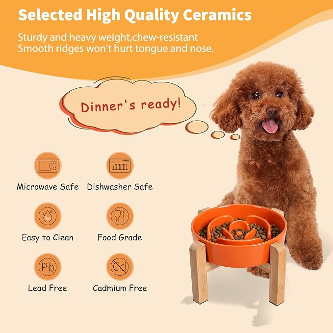 Elevated Slow Feeder Dog Bowl - Ceramic Maze Food Dish with Bamboo Stand - Raised Feeding Bowl for Fast Eaters - Ideal for Small and Medium Dogs - Orange - 6.7 inch