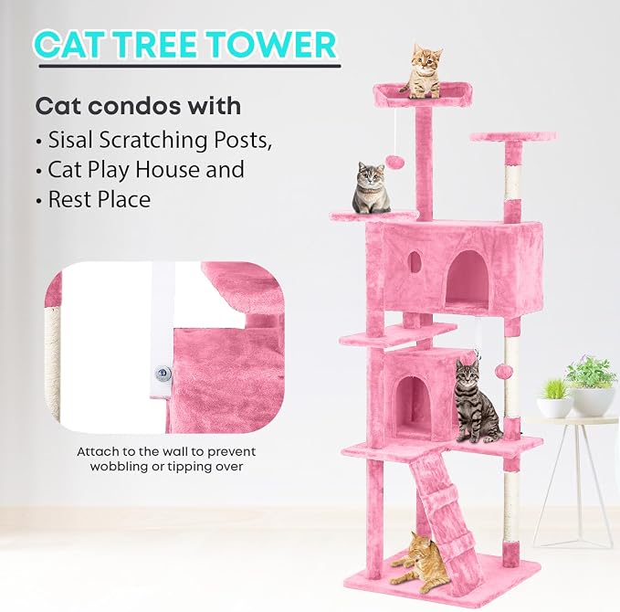 FDW | 70" Cat Tree Tower | Pink | Multi-Level Indoor Activity Center with Sisal Scratching Posts, Condos, Plush Perches, Hanging Cat Toys | Sturdy, Easy to Assemble | for Kittens & Adult Cats