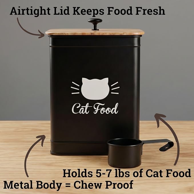 Cat Food Container with Scoop 5-7 lb (25 Cup), with Airtight Bamboo Lid | Cat Kibble Canister with Metal Scoop, 25 Cups, Chew Proof Iron Body, Powder Coated, Airtight Bamboo Lid, Sturdy Metal Handle