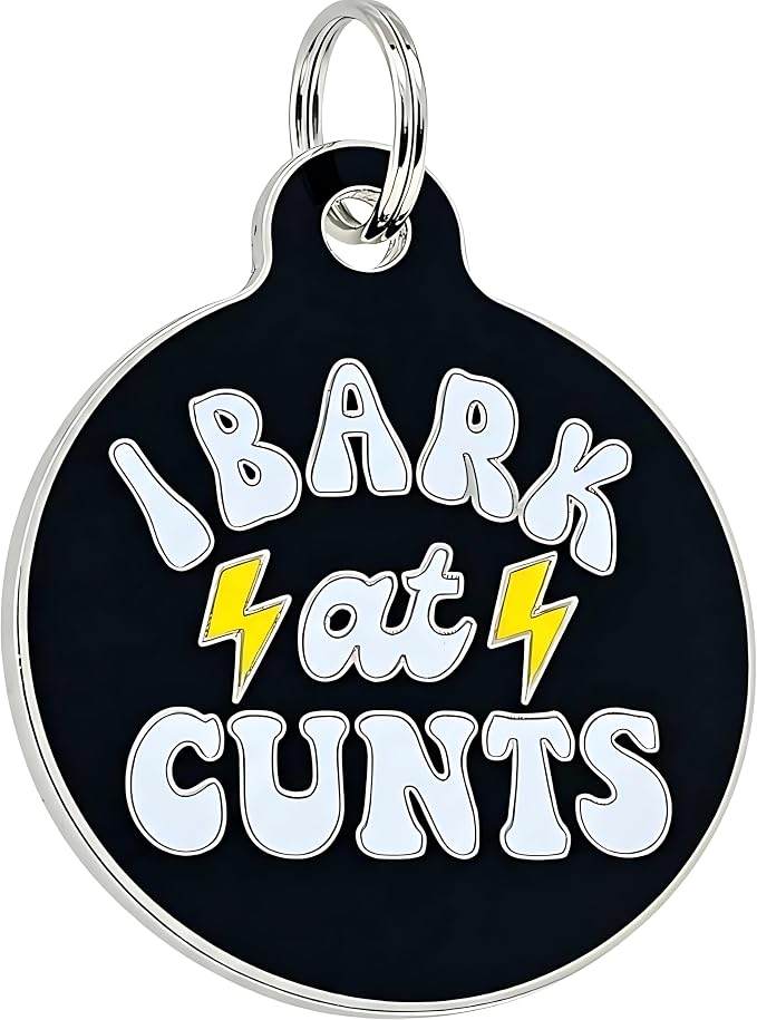 Bad Tags Personalized Dog and Cat ID Tags in 25+ Designs and 2 Sizes - 5 Lines of Custom Engraved Text - Funny Cute Personalized Pet Tags (I Bark At C*NTS - Black, Small (1 inch))