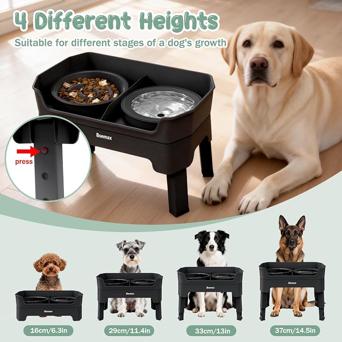 4 in 1 Adjustable Elevated Dog Bowls with 2*Stainless Steel Bowls, Anti-Spill Water Bowl, 4 Heights Raised Dog Bowl Stand for Small to Medium & Growing Large Puppies, Anti-Slip, Mess Proof Design