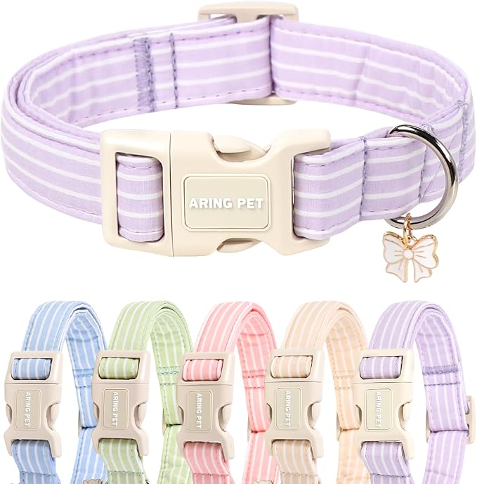 ARING PET Stripe Dog Collar, Cute Spring Summer Purple Stripe Pet Collars with Bow Charm for Puppy Small Medium Large Boy Girl Dogs, for Daily Outdoor Walking Beach Stroll-S
