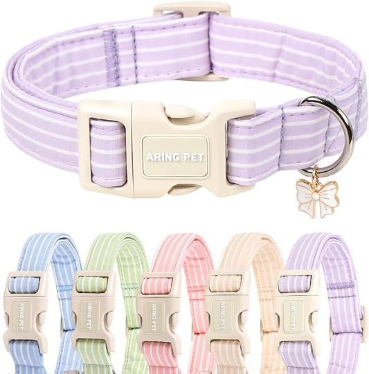 ARING PET Stripe Dog Collar, Cute Spring Summer Purple Stripe Pet Collars with Bow Charm for Puppy Small Medium Large Boy Girl Dogs, for Daily Outdoor Walking Beach Stroll-S