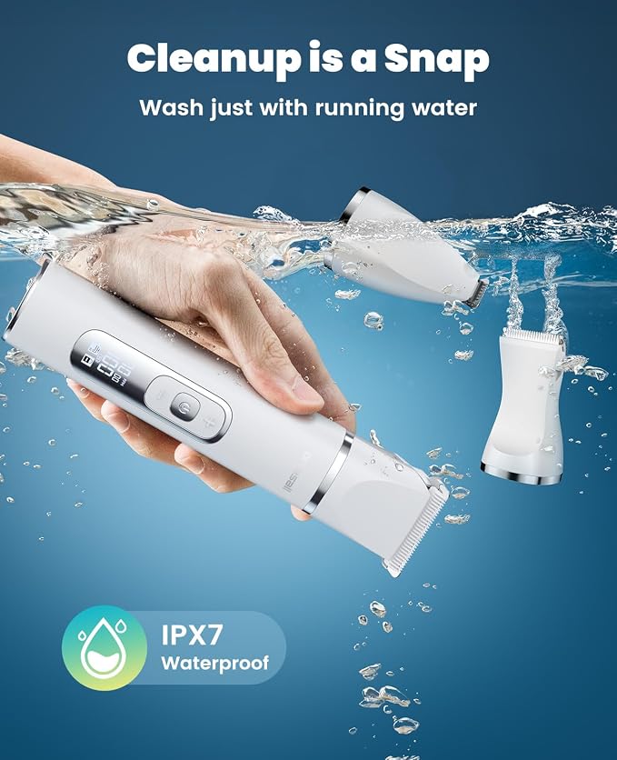 oneisall 4 in 1 Dog Grooming Kit with LCD Display (White) | Paw Hair Trimmer & Nail Grinder, Rechargeable, Cordless, Low Noise, IPX7 Waterproof, 3 Speeds Pet Grooming Clippers