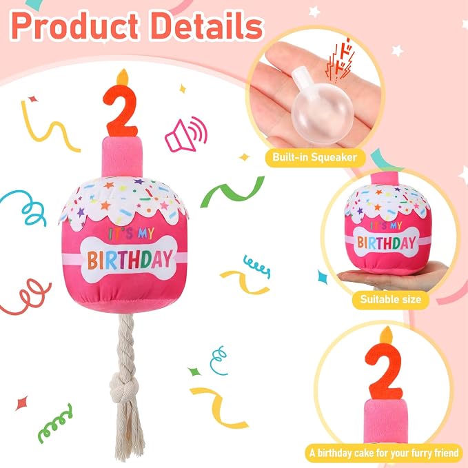 Dansydaisy Dog Birthday Cake Toy Squeaky Plush Toy for Girl Boy Gifts, Chew Accessories for Dog Birthday Party Decor Favor for Large, Medium and Small Dogs(2nd,Rose Pink)