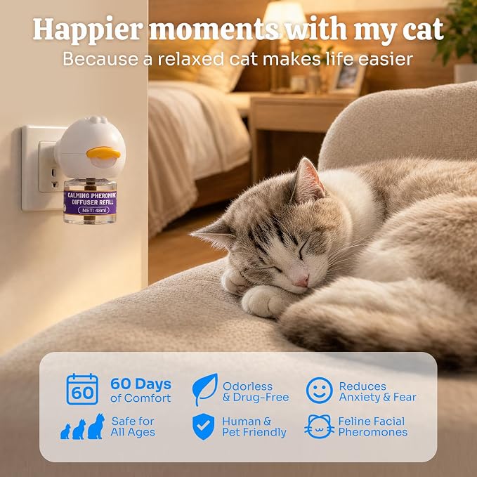 Cat Calming Pheromone Diffuser Kit, Stress Relief, 1 Plug-in 2 Refills | Odorless drug-free formula, 60-day anxiety relief, anti-leak low-temp plug, fits indoor multi-cat scratch fight hiding issues