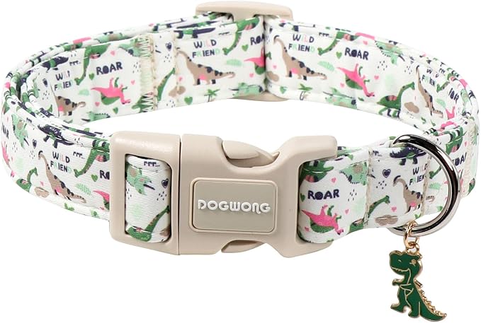 DOGWONG Dinosaur Dog Collar-Cute Dog Collar Adjustable Comfortable Cotton Boy Dog Collars for Small Medium Large Dogs, Medium