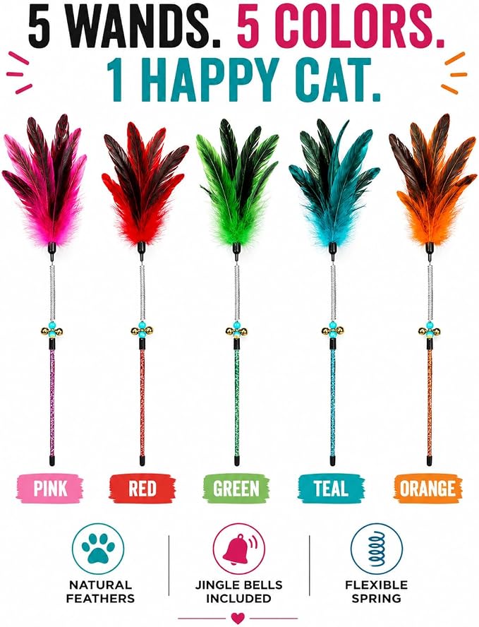 Cat Feather Wand Toy Set – 5 Different Feather Styles in One Pack – Interactive Wand Toys for Indoor Cats and Kittens – Durable Spring Design for Engaging Playtime