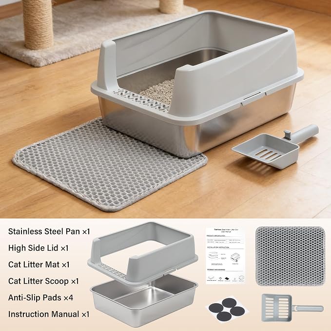 Stainless Steel Litter Box with Lid, Metal Litter Box No Odors,Cat LitterBox for Small to Medium Cats, Non Stick, Easy Cleaning