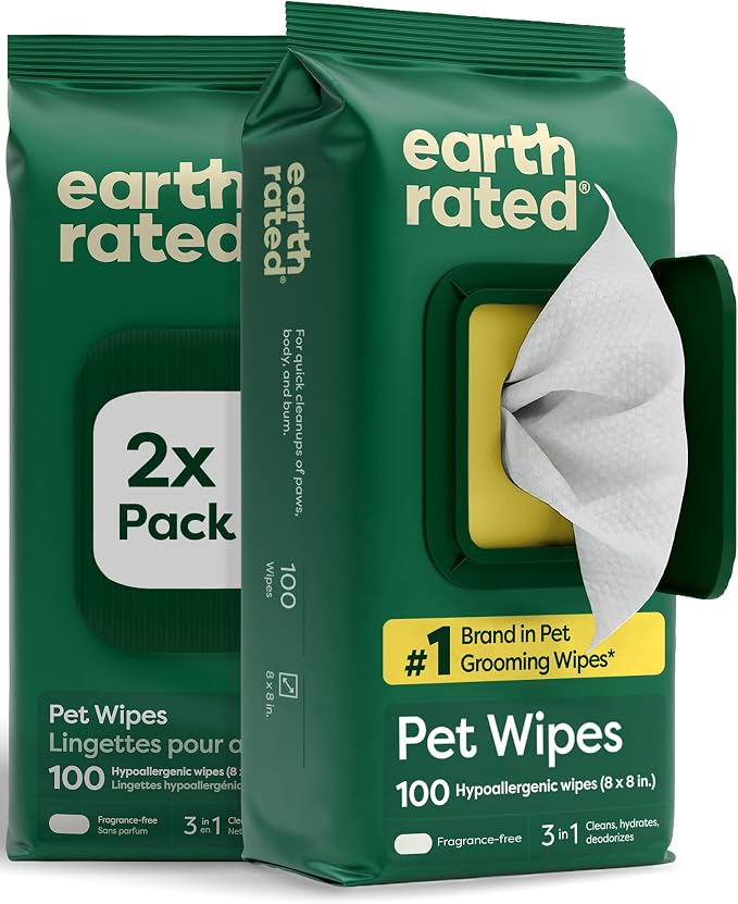 Earth Rated Dog Wipes for Paws & Butt, Deodorizing, Unscented, 200ct | Hypoallergenic, 3-in-1 Cleaning and Hydrating, for Grooming Paws, Body and Butt