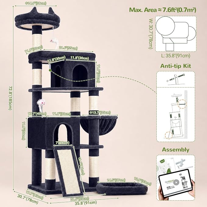 Globlazer Heavy Duty Cat Trees for Large Cats, Sturdy 72in Maine Coon Cat Tree for Large Cats 20 lbs+ Heavy Duty Cat Tower for Adult Biggest Cat with 6 Scratching Posts, Hammock, S72, Smoky Gray