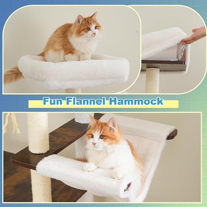 Hey-brother Wooden Cat Tree, Furniture Tower with Large Platforms, MPJ121SR | 69.7 inch, Modern Full Sisal Scratching Posts, Hammocks, Spacious Condo, Ladder, Brush, Water Proof Surface, Rustic Brown