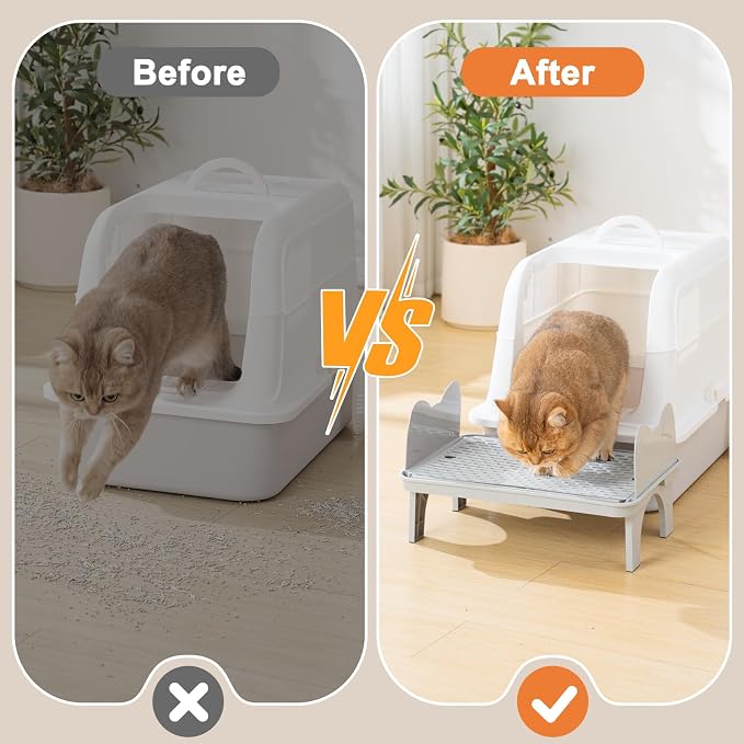Uross Cat Litter Box Step, Extra Large Litter Box Ramp/Stairs with Detachable Splash-Proof Side Baffles, Anti-Tracking Litter Catcher, Easy to Clean, Non-Slip Step for Small & Elderly Cats (Grey)