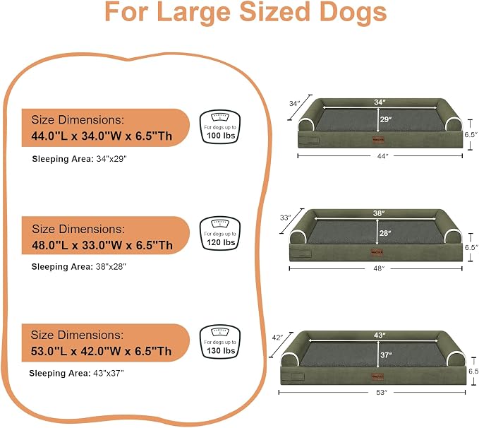 NANUYA Orthopedic Dog Bed for Jumbo Dogs, 53 x 42 Inch, Dark Green | Egg crate foam for joint support, 3-sided bolster pet sofa, waterproof lining, washable cover, and non-skid base