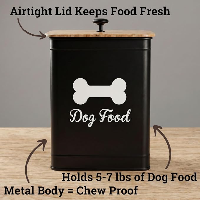 Dog Food Container Airtight Bamboo Lid 5-7 lb, 25 Cups, Sturdy Metal Handle | Pet Jar For Dogs up to 50lbs, Airtight Bamboo Lid, Sturdy Comfortable Metal Handle, Powder Coated Iron, Kibble Storage Bin