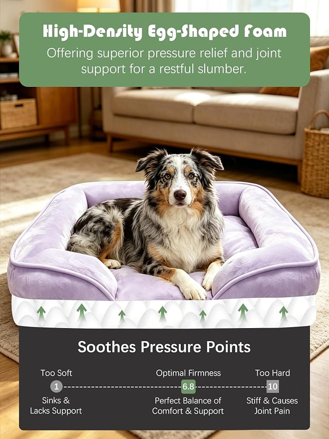 Spotted Play Orthopedic Dog Bed with Sides - Sofa Beds for Large Dogs, Supportive Foam Pet Couch Bed with Washable Removable Cover, Waterproof Lining and Non-Slip Bottom, Purple - L
