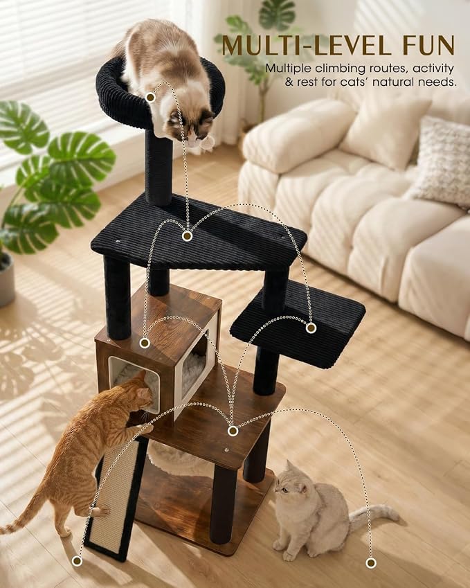 61" Modern Cat Tree, Tall Cat Tower with Self-Grooming Brush | Removable Washable Cushion, Pyramid Anti-Tip Base, Cat Furniture, Cozy Cat Condo, Sisal Scratching Post, Multi-Cat Household