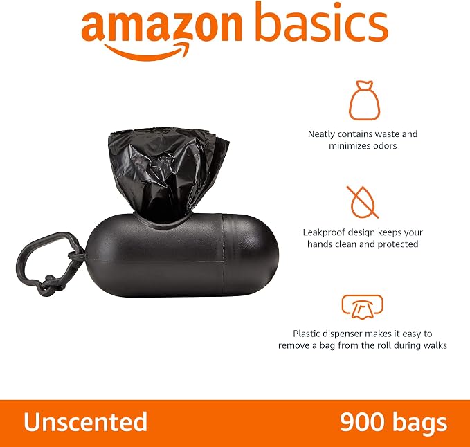 Amazon Basics Dog Poop Leak Proof Bags with Dispenser and Leash Clip, Unscented, 13" x 9", (60 Rolls), 900 Count (Pack of 6)