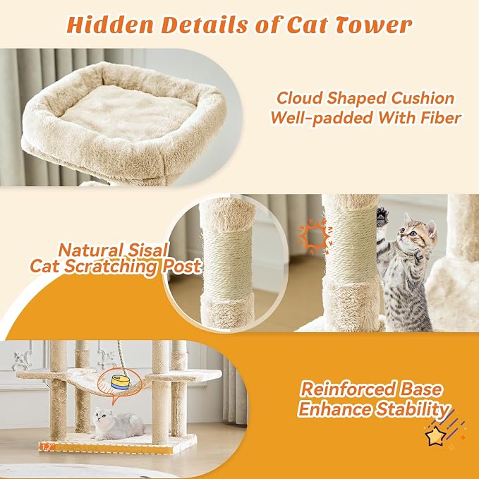 DUMOS 66 Inch Large Cat Tree Tower with Scratching Posts, Indoor Use | Tall Multi Level Cat Climbing Tower with Hammock, Pet Condo for Cats and Kittens Play, Beige