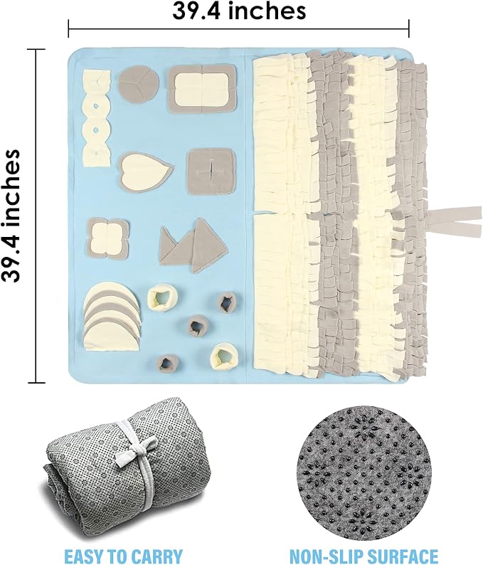 Snuffle Mat for Dogs: Slow Food Interactive Experience - 7 Enrichment Foraging Games for Large Dog Owners Needing to Burn Pet Energy - Washable 1000 Times - 38x38 inch - Blue